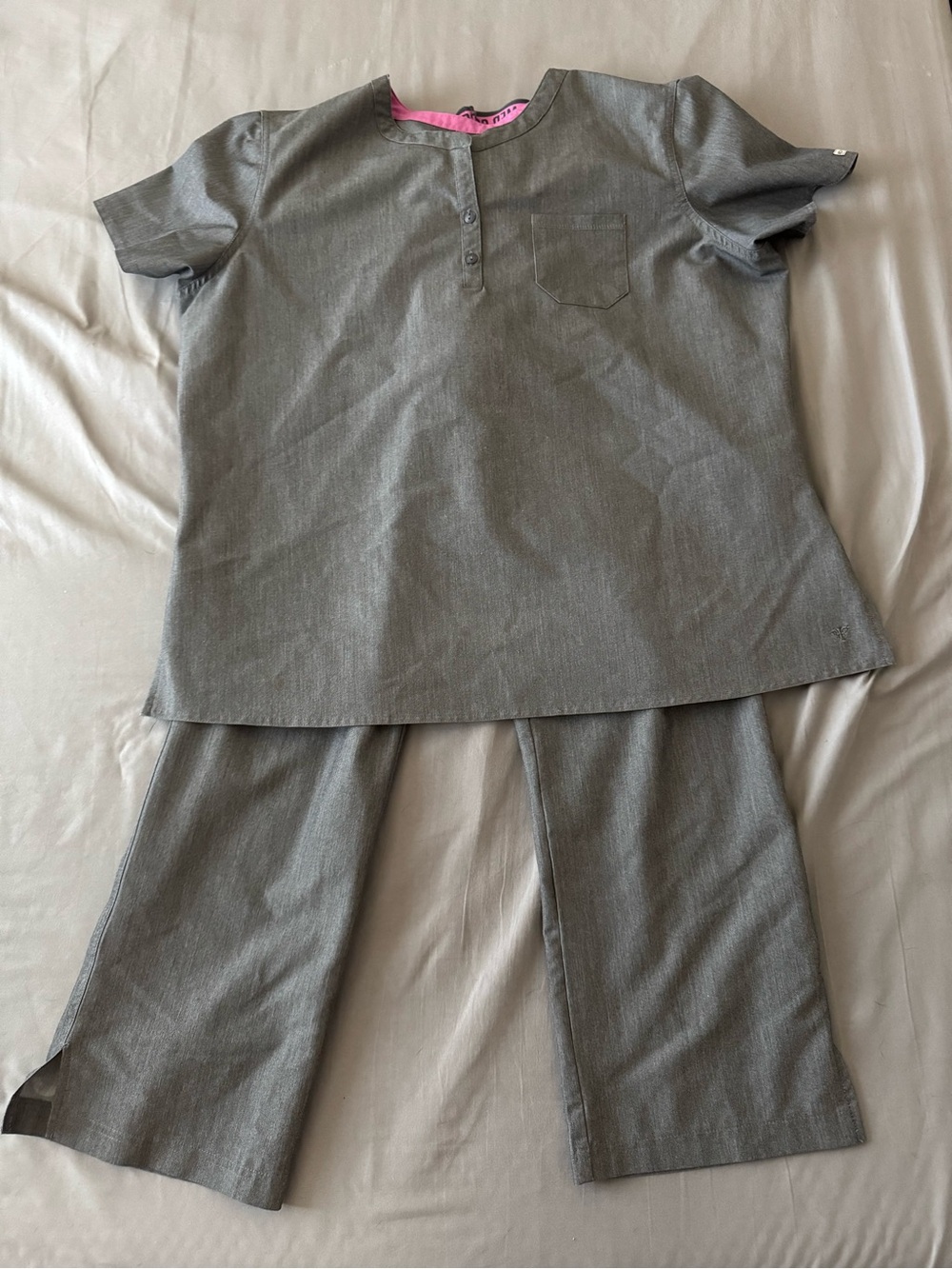 Med Couture Gray Women's Medical Scrub Top and Pants with Pink Trim